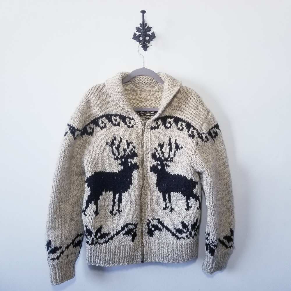Cowichan Sweater Deer 100% Wool Cardigan Size M/L - Picture 1 of 3